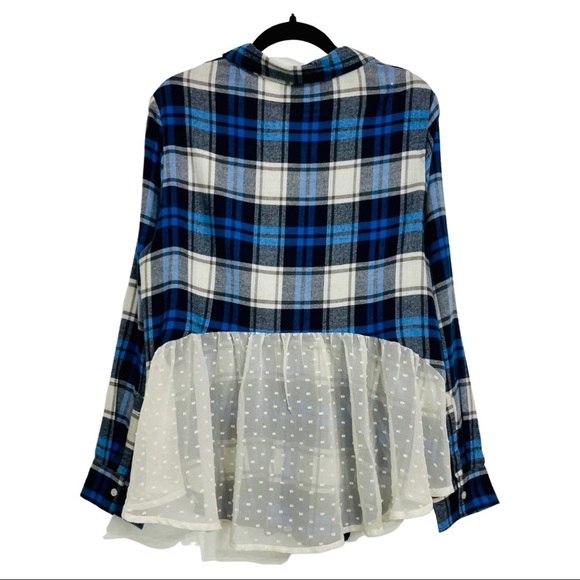 Bobeau Cobalt Plaid Flannel Long Sleeve Shirt with Chiffon - Picture 4 of 8